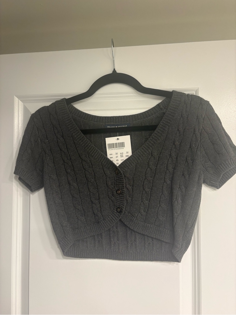 Brandy Melville Cable  Knit Short Sleeve Crop Cardigan - Gray